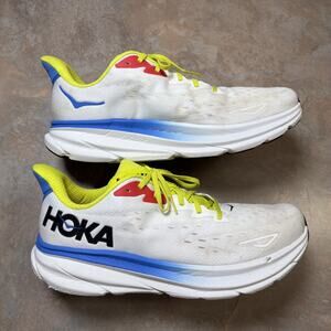 Hoka Clifton 9 Men's White Yellow Blue Road Running Shoes Size 15D